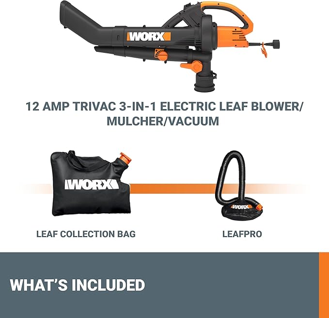WORX Trivac 3 in 1 Electric Leaf Blower for Lawn Care Leaf Vacuum with 350 CFM &amp 210 MPH Leaf Mulcher with Metal Impeller Reusable Bag Included WG505.2