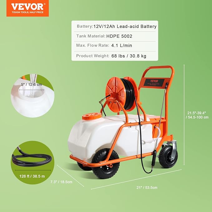 VEVOR Battery Powered 15 Gallon Garden Weed Sprayer with Wheeled Cart 126FT Hose with Reel 8 Nozzles 2 Wands with Lock Trigger 0-90PSI 5-6h Spray Time Wide Mouth Lid Rotating Wheels with Brake