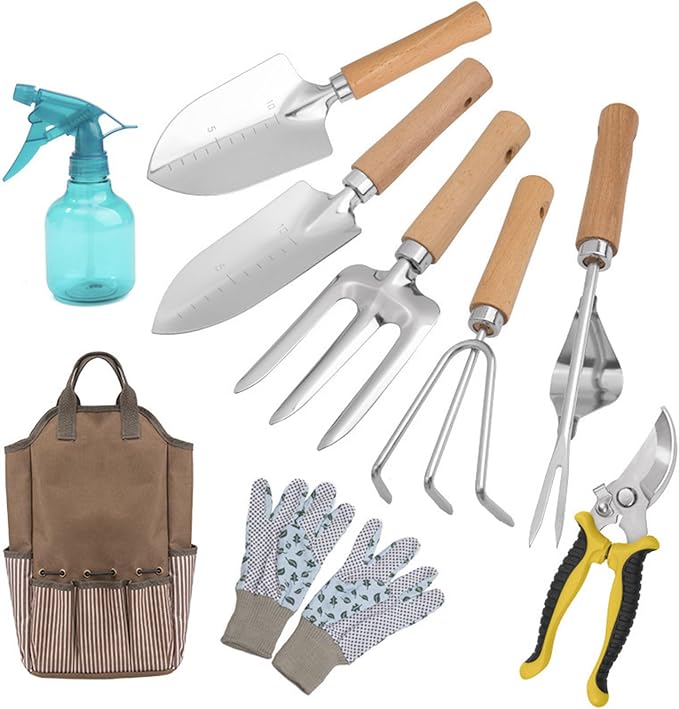 9 Pcs Garden Tools Set Premium Stainless Steel Wooden Handle Gardening Kit for Planting Digging Pruning with Durable BagBrown
