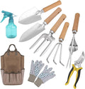 9 Pcs Garden Tools Set Premium Stainless Steel Wooden Handle Gardening Kit for Planting Digging Pruning with Durable BagBrown