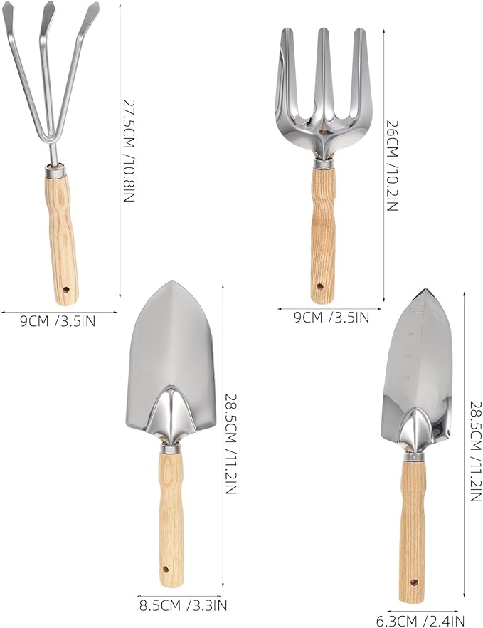 5pcs Garden Tool Set with Wooden Handle Shovel Rake and Fork for Soil Loosening and Weeding Stainless Steel Hand Tools for Outdoor Planting and Home Gardening