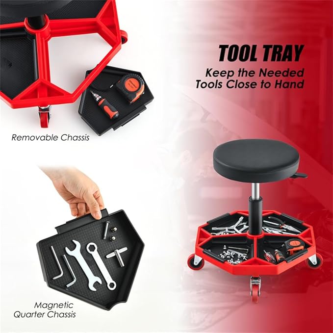 Heavy-Duty Adjustable Height Rolling Workshop Stool with Tool Tray Pneumatic Lift 360° Swivel Seat and Heavy Load Capacity