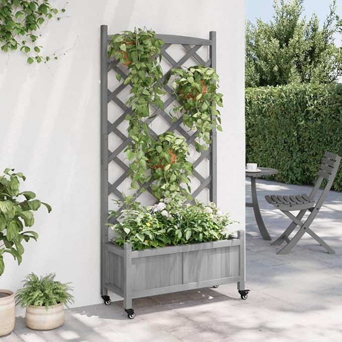 Wood Planter Box with Trellis and Wheel Outdoor Raised Garden Bed for Climbing Plants Free-Standing Trellis Planter Box 29.5x13.8x62 Gray Solid Wood Fir
