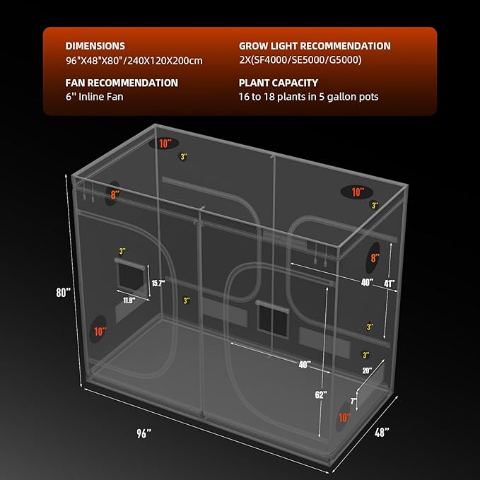 Spider Farmer 8x4 Grow Tent 96x48x80 with Hook for Controller 1680D Thicken Mylar Canvas Enlarged View Window Waterproof Floor Tray for Indoor Hydroponic Growing for SF4000 SE5000 G5000
