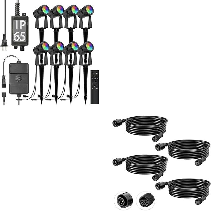 SUNTHIN RGBW Color Changing Spotlights 8 Pack with 4pcs 6.5FT Extension Cord with 3-Pin for RGBW Outdoor Landscape Spotlights