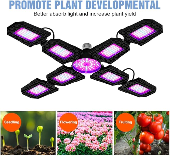 2Pack 300W E27/ E26 Sunlight LED Deformable Plant Light 100-277V Full Spectrum Seeds Foldable Panels Lamp 110V Greenhouse Tent Hydroponic Planting Box UV/IR Indoors Vegetable Flowers Fill Light