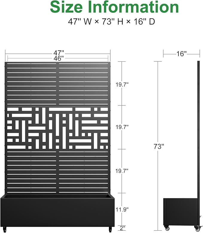 Casaphoria Metal Raised Garden Bed with Trellis and Wheels 72x47x16 Planter Box for Climbing Plants Vegetables &amp Vines Features Drainage Holes and Privacy Screen Black(Louvered&ampHelen)