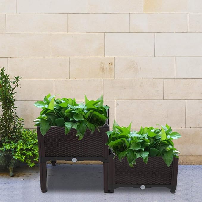 Raised Garden Bed with Legs Outdoor Plastic Elevated Planter Box Free Splicing Growing Bed with Rattan Pattern &amp Drainage Holes for Vegetables Herbs and Flowers Brown 2 Sets