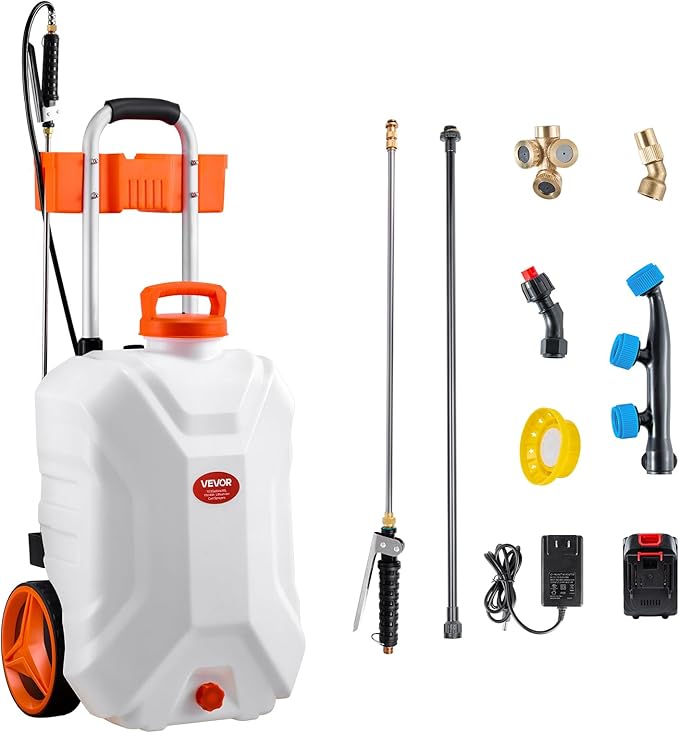 VEVOR Battery-Powered Sprayer with Wheeled Cart 10 Gallons Electric Weed Sprayer Adjustable 0-80 PSI Yard Lawn Sprayers with Wheels 5 Nozzles &amp 98ft Hose 3-6H Spray Time for Weeding Cleanin