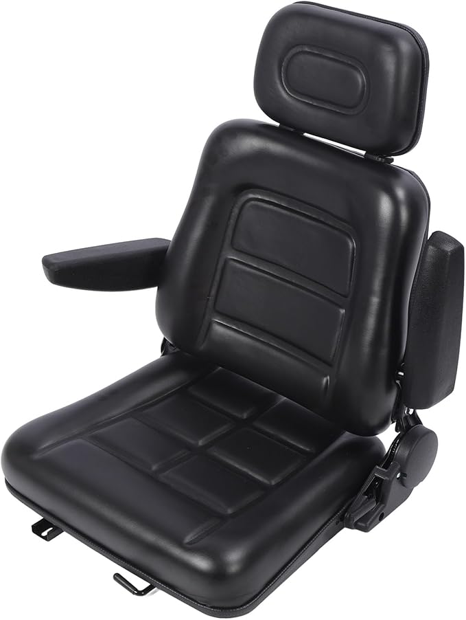 Generic Lawn Mower Fit for Seat Comfortable PVC Leather Universal Forklift Fit for Seat with Multi Angle Adjustment for Tractors Telehandler Backhoe Black (With armrest)