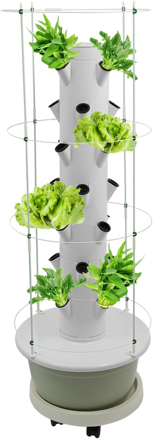 Hydroponic Growing System 28-Plant Vegetable Planter Tower Climbing Trellis Outdoor Indoor Garden Vertical Planter Germination Kit with Water Pump Intelligent Water Circulation &amp Timer Function
