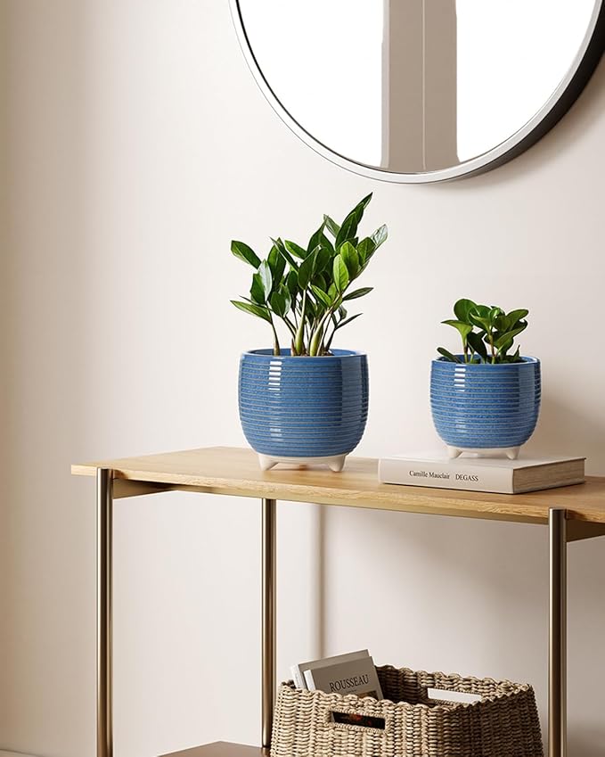 LE TAUCI Ceramic Plant Pots 5.1 + 6.4 Inch Footed Pots for Plants Modern Flower Pots for Home and Office Indoor Planters with Drainage Reactive Glaze Blue