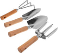 4pcs Garden Tools Set with Wooden Handles – Wide Shovel Pointed Shovel 3-Prong Rake and 3-Prong Hoe – Handheld Gardening Tools Kit for Planting Weeding and Outdoor Yard Work
