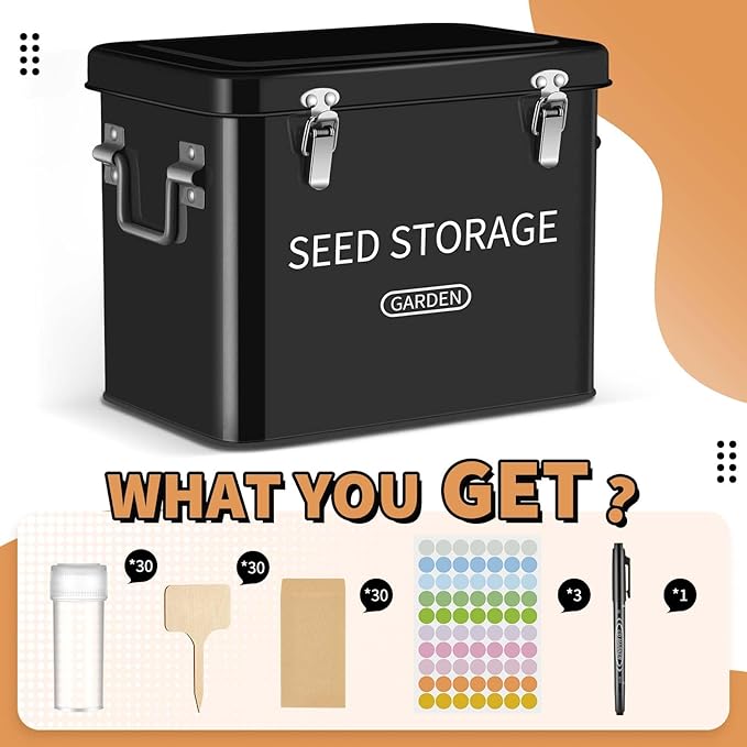 Blulu 85 Pcs Seed Storage Organizer 3 Compartment 30 Slot Metal Seed Saving Box with Lid and Lock with 1 Marker Pen 20 Plant Labels 30 Envelopes 30 Bottles Stickers for Garden Flower Plant(Black)