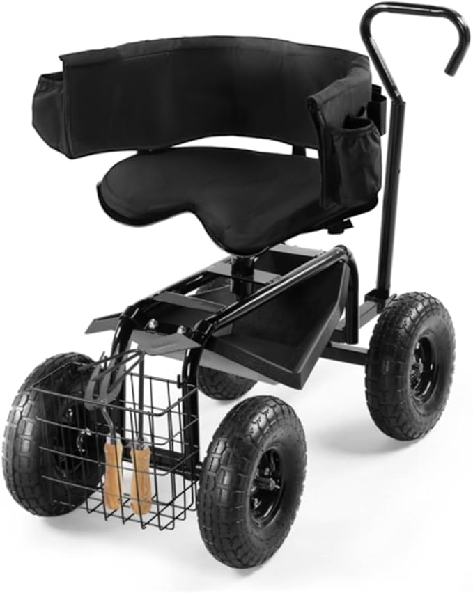 Rolling Garden Cart with Cushioned Backrest &amp Seat Outdoor Gardening Stool for Planting Garden Scooter with 360 Degree Swivel Seat &amp Steering Handle &amp Tool Tray (BackRest Seat+Handle Bla