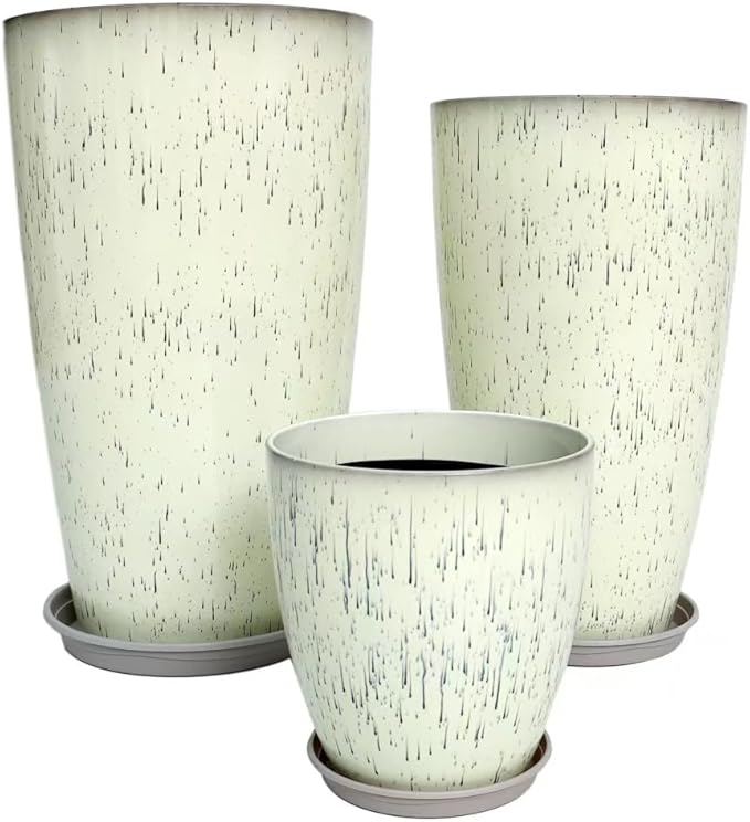 242111 Inch Large Plastic Planters with Drainage Hole and Saucer - Set of 3 Tall Plant Pots Indoor Flower Pot Tall Round Planters Outdoor Large Tall Planter
