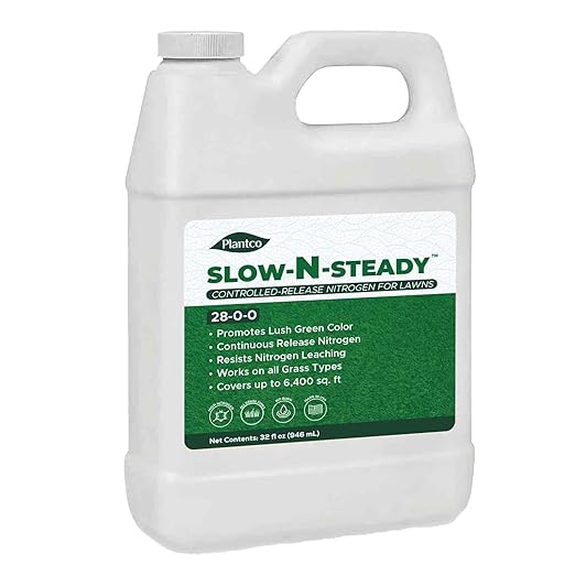 Slow-N-Steady Liquid Lawn Fertilizer | 28-0-0 High Nitrogen Slow Release Nitrogen (SRN) | Urea Triazone Sprayable Fertilizer | 32 fl oz Bottle | Steady Green-Up for Lawns| Made in The USA |