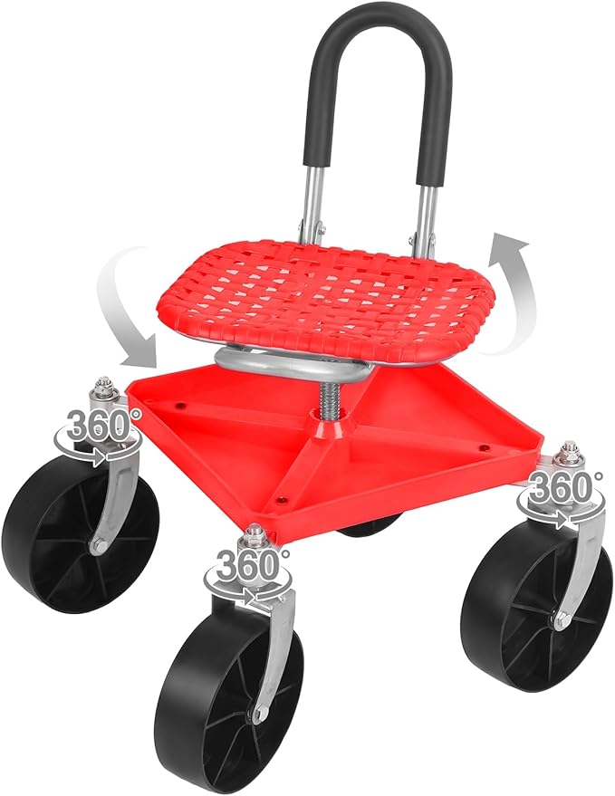 Rolling Garden Work Seat with Wheels Gardening Stool for Planting 360°Swivel Caster Tool Tray Backrest Height Adjustable Rolling Work Seat for Outdoor Patio and Yard Red
