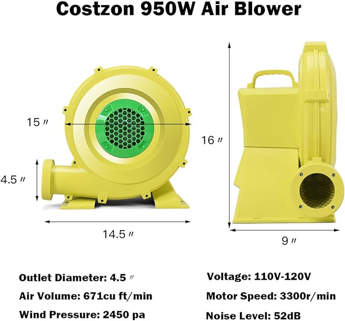 Costzon Air Blower 1.25HP Blower for Bounce House 950W Pump Fan Commercial Inflatable Bouncer Blower Perfect for Inflatable Bounce House Jumper Bouncy Castle Air Blower for Inflatables
