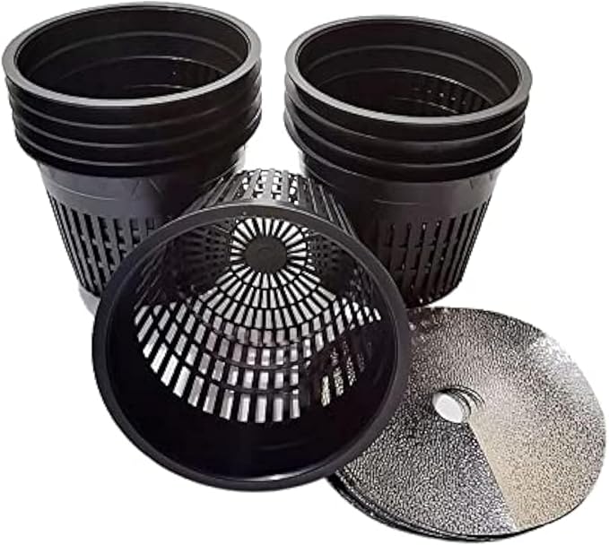 HORTIPOTS 5 Inch Net Pots Raised Center Bottom Mesh Side Wide Rim Round Cup with Free Reflective Top Lids for Hydroponics Systems (Pack of 10 Black)