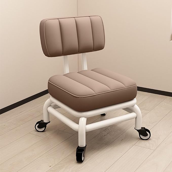 Ergonomic Low Rolling Stool With Back Support Soft Pu Leather Seat Metal Frame 360° Swivel Short Stool For Home Garden Office Garage Shop Comfortable And Durable Roller Chair With Coffee One Size