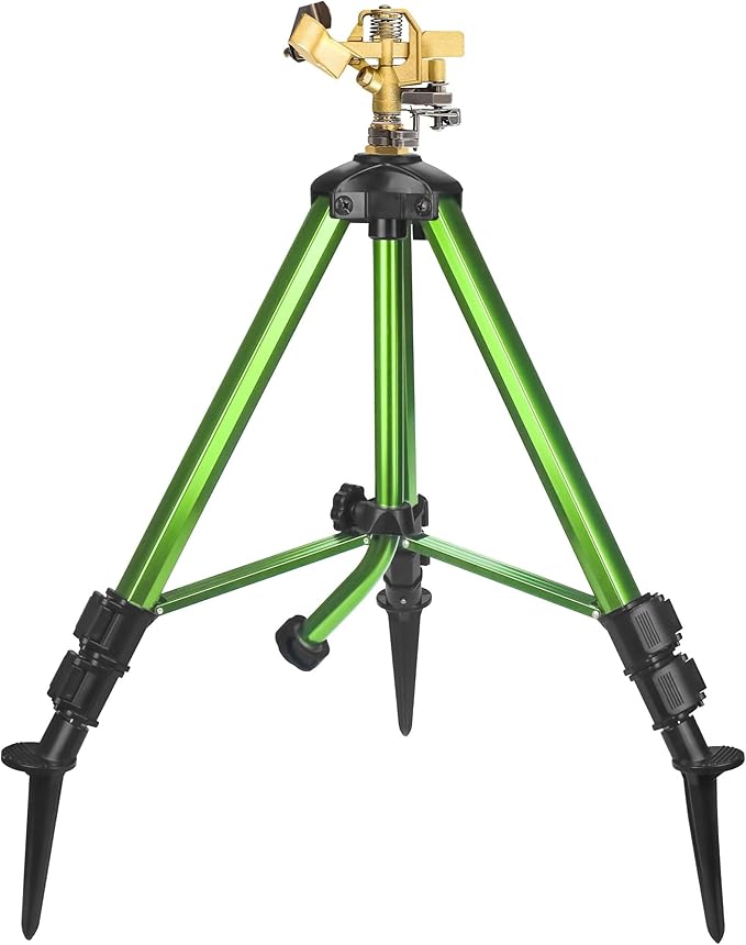 Triumpeek Impact Sprinkler on Tripod Base with Stakes 360 Degree Large Area Coverage Irrigator with Extension Legs Adjustable Brass Sprinkler Head Nozzle and 3/4 NH Inlet Hose Connection (1)