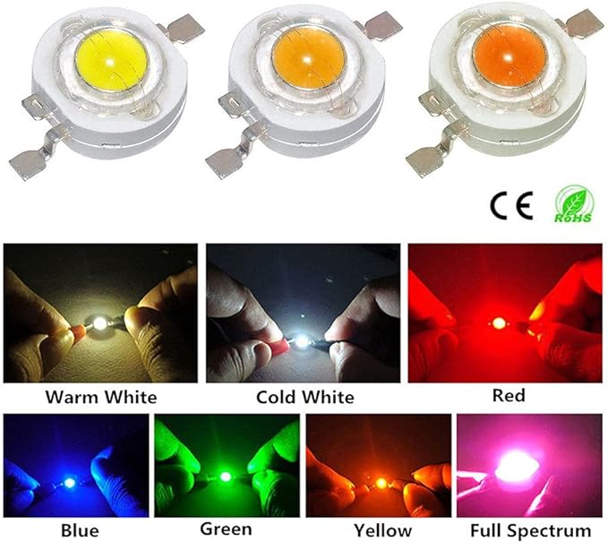 100pcs 3W High Power LED Diodes Cold Warm White Red Green Blue Yellow 660nm 445nm Plant Grow Light Source with 20mm Star PCB (Cold White 10000K)
