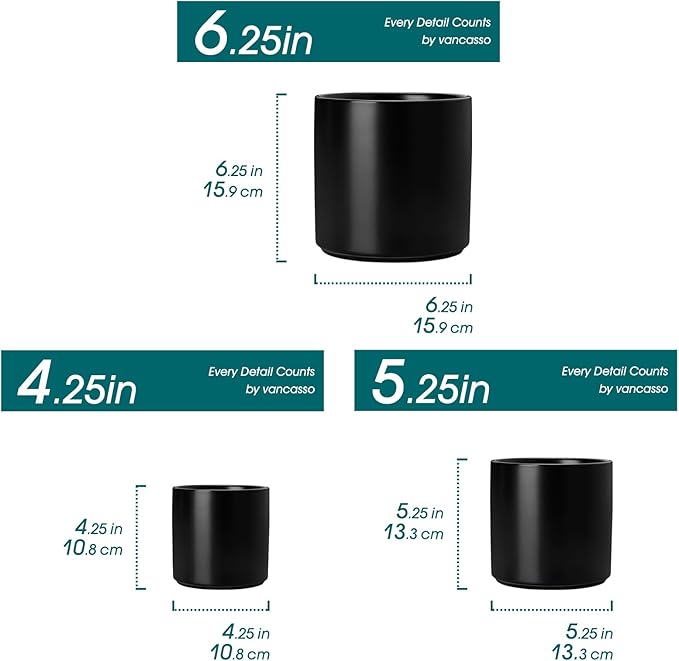 vancasso Ceramic Plant Pots 4.25+5.25+6.25 Inch Planter Pot with Drainage Hole Flower Pots for Indoor Outdoor Plants Set of 3 Black