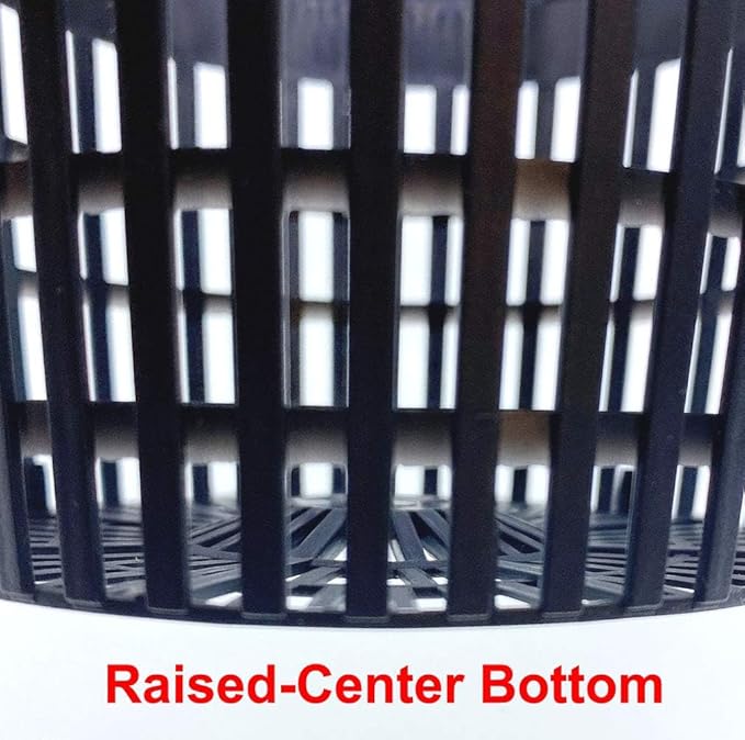 HORTIPOTS 5 Inch Net Pots Raised Center Bottom Mesh Side Wide Rim Round Cup with Free Reflective Top Lids for Hydroponics Systems (Pack of 10 Black)