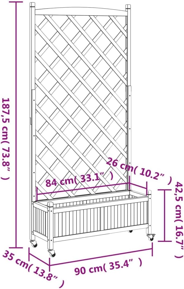 Wood Planter Box with Trellis and Wheel Outdoor Raised Garden Bed for Climbing Plants Free-Standing Trellis Planter Box 35.4x13.8x73.8 Brown Solid Wood Fir