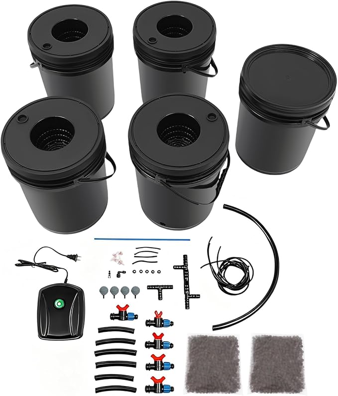 Indoor Hydroponics Growing System 5 Gallon Round Bucket Deep Water Culture DWC Hydroponic Grow System Kit 5-Bucket Garden Kit with Pump&amp Air Stone and Water Level Device for Leafy Vegetables
