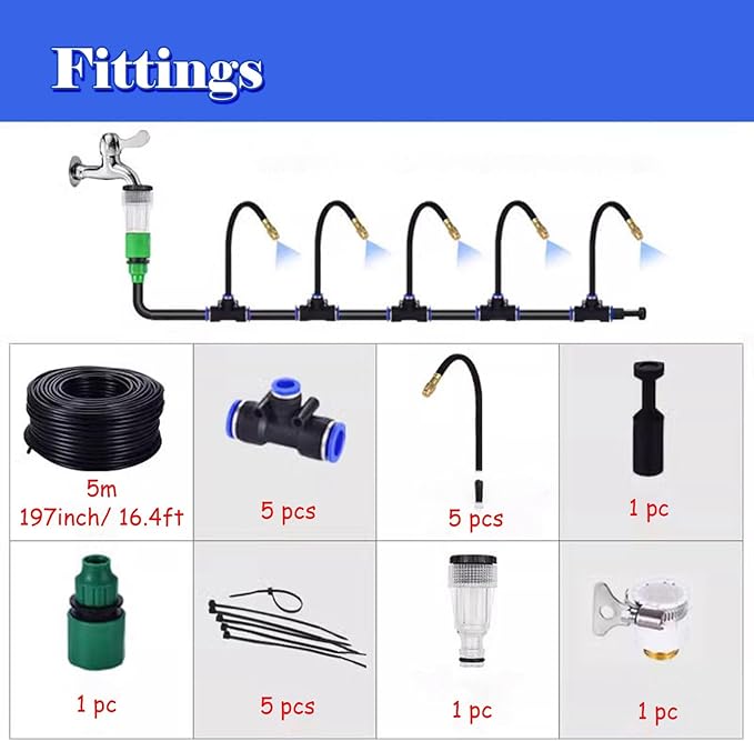 Site Fence Sprinkler System for Cooling/Dust Removal Greenhouse/Garden Irrigation Kit Versatile Outdoor Misting Cooling System with Nozzles &amp Hose(197inch/5m/16.4ft)