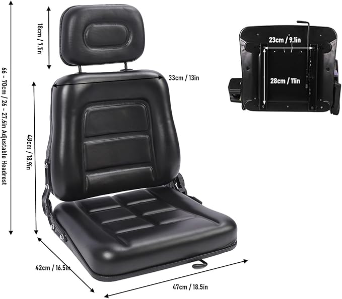 Pongnas Universal Lawn Mower Seat Tractor Seat Forklift Seat with Adjustable 30-180 Degree Tilt Slide Rail for Dumper Skid Loader Telehandler Backhoe Excavator Dozer (With armrest)