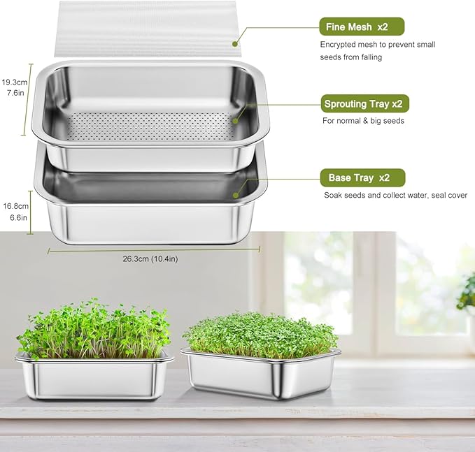 FANHAO 2-Pack Sprouting Tray Kit Stainless Steel Soil-Free Cultivation Germination Tray Healthy Wheatgrass Grower Sprouting Container Kit Nursery Tray for Indoors Plant Seedling