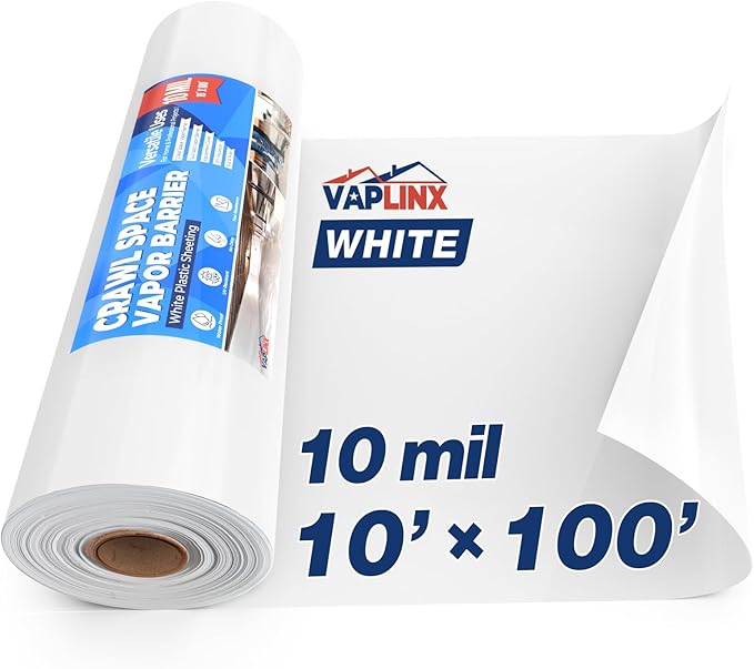 White Crawl Space Vapor Barrier 10 Mil Vapor Barrier 10' x 100' Heavy Duty Polyethylene Film Thick Plastic Sheeting Plastic Drop Cloth Covering for Crawlspace Basement White