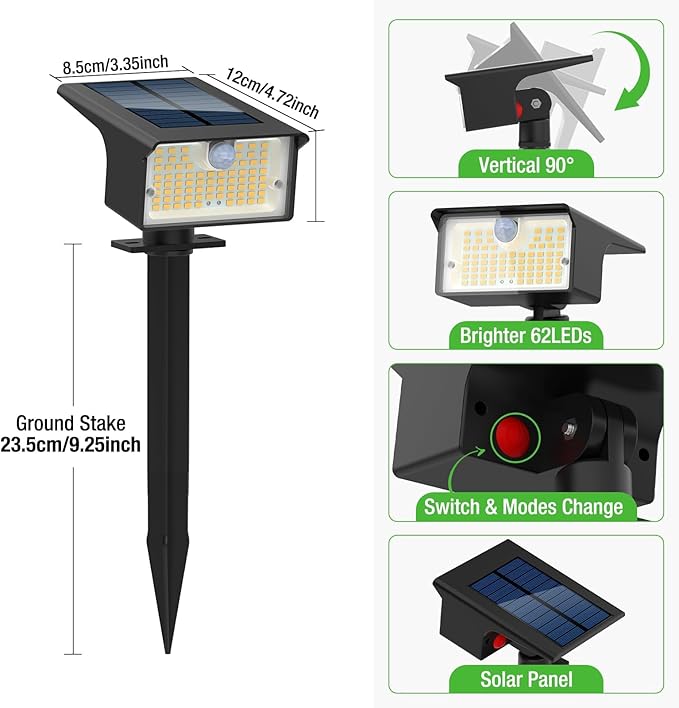 [3 Pack &amp 62LED]Solar Spot Lights Outdoor Motion Sensor 3 Modes Motion Sensor Outdoor Lights 2-in-1 Solar Landscape Spotlights LED Solar lights for Outside Yard Garden Wall Pathway WalkwayWarm W