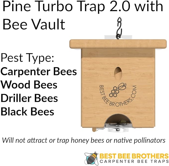 Best Bee Brothers Pine Turbo Trap Professional-Grade Carpenter Bee Trap for Outside with Bee Vault &amp Internal Turbo Funnel 6.3” W x 6” H x 5” D (4 Pack)