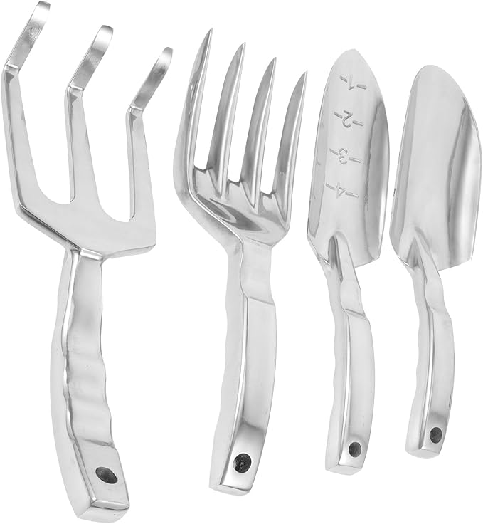 NUOBESTY Garden Tool Set with Handle Shovel and Rake for Planting and Soil Loosening Includes Large Shovel Measured Trowel Three-Prong Rake and Four-Prong Fork – Outdoor Gardening Hand