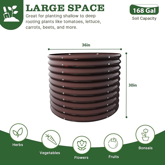 A ANLEOLIFE 30 Extra Tall Galvanized Raised Garden Beds Outdoor 3x2.5ft Round Metal Planter Boxes for Planting Vegetables Flowers Fruits Eco-Safe &amp Easy Setup CaféBronze