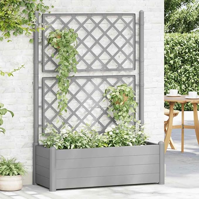 Stone Grey Polypropylene Garden Planter Rectangular Raised Bed with Integrated Trellis 39.4 x 39.4 x 55.9 Inch for Outdoor Plants Balcony Patio UV-Resistant