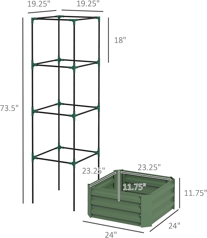Galvanized Raised Garden Bed 24 x 24 x 11.75 Outdoor Planter Box with Adjustable Trellis Tomato Cage Open Bottom for Vegetables Vines Flowers in Garden Patio - Green