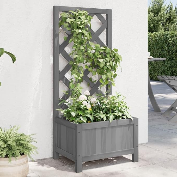 Wood Planter with Trellis Outdoor Raised Garden Bed with Trellis Wooden Planter Box for Climbing Plants 15.7x11.8x35.4 Gray Solid Wood Fir