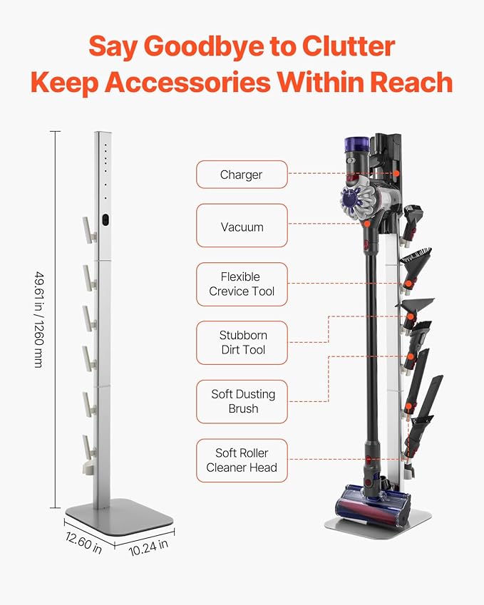 VEVOR Vacuum Stand Compatible with Dyson G5 V15 V12 V11 V10 V8 V7 V6 Series Upright Vacuums Cleaners &amp Accessories Stable Vacuum Stand Holder with 6 Hooks and Non-slip Footpads Gray