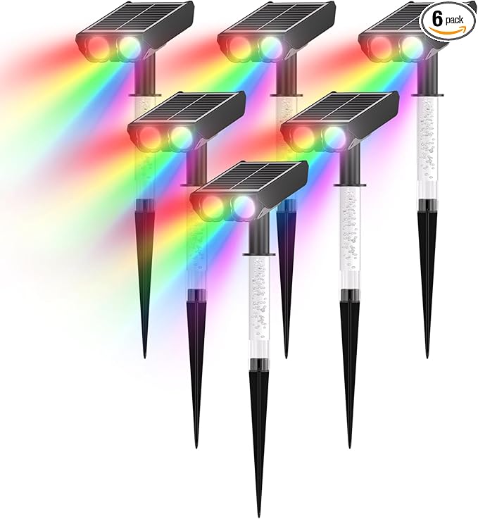 RGB Solar Spot Lights : 2 IN 1 Solar Lights Outdoor with 8 Lighting Modes &amp PC Light Guide Column for Tree Garden Yard Pathway | RGB Color Changing Landscape Lights | IP65 Waterproof | 6 Pack