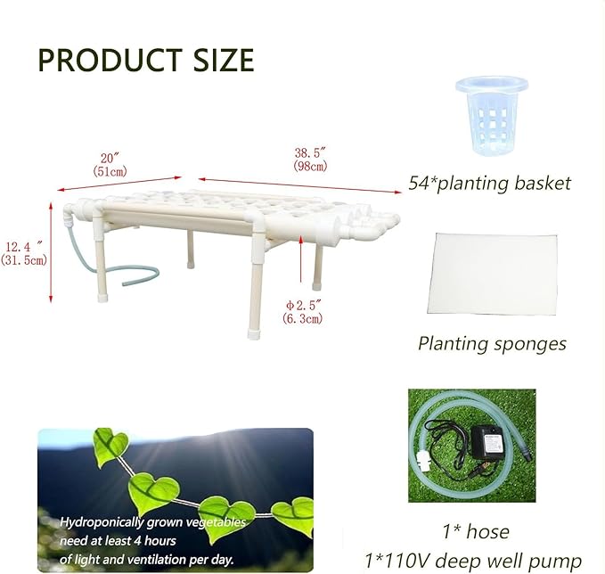 INTBUYING Hydroponics Growing System 36 Holes 4 Pipes 1 Layer Plant Site Grow Kit Hydroponic Gardening System Horizontal with Water Pump Nest Basket Sponge for Leafy Vegetables