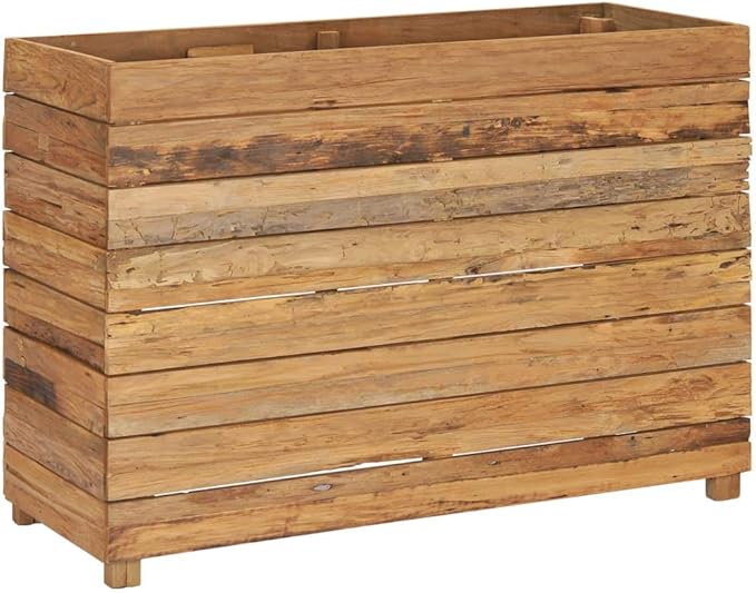 Raised Bed Recycled Teak Raised Planter with Wooden Legs and Steel Rack Bottom for Flowers Vegetables Weather Resistant Outdoor Planting Box Container 39.4x15.7x28.3 -AA
