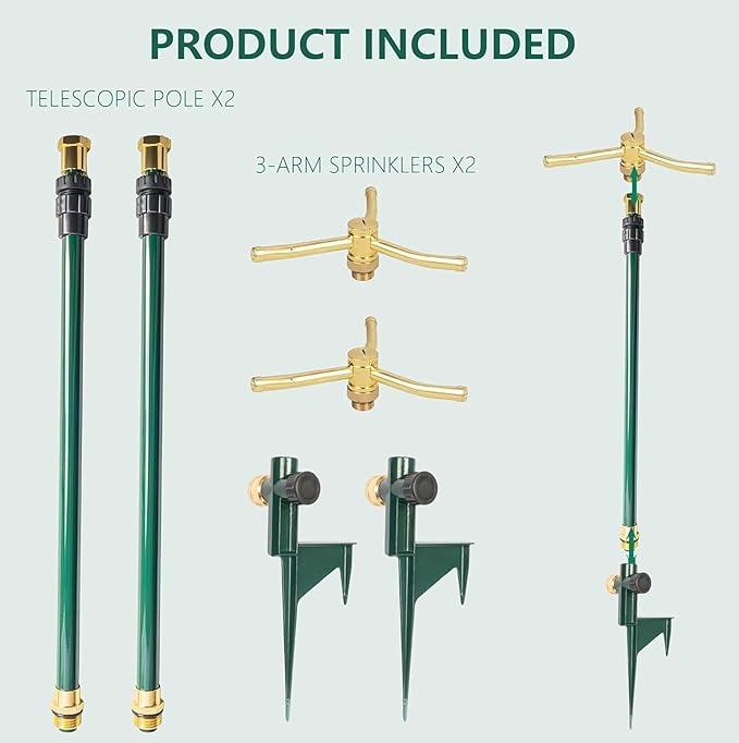Hourleey 3-Arm Garden Sprinkler 2 Pack High-Rise Lawn Sprinkler with Adjustable Telescoping Base 360 Degree Rotation Sprinklers for Large Area Coverage Gardening Watering Lawn Irrigation System