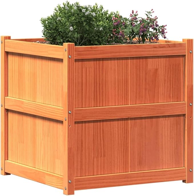 Garden Planter Wax Brown Solid Pine Wood 27.6 in Square Planters for Outdoor Plants Raised Garden Bed for Patio Balcony Deck