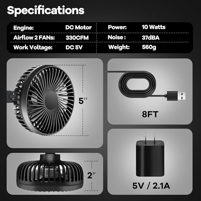 Grow Tent Fan 5in Two Fans for Greenhouse Plant All Direction Ventilation Circulation Instead of Oscillating Can Work with Timer and Thermostat 3 Speeds IP54 Waterproof 8ft Cord Power Adapter