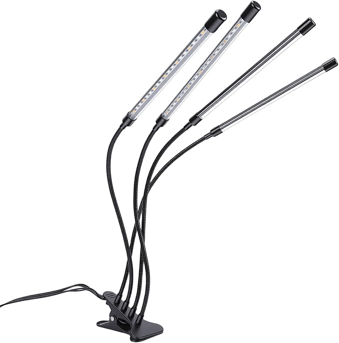 LED Grow Lights Full Spectrum 10 Dimmable Levels 3 Timer Indoor Plant Light with Gooseneck On 3 Light Modes Red Blue Warm Ideal for Balconies Greenhouses Dark Rooms and (4 Head 16W)
